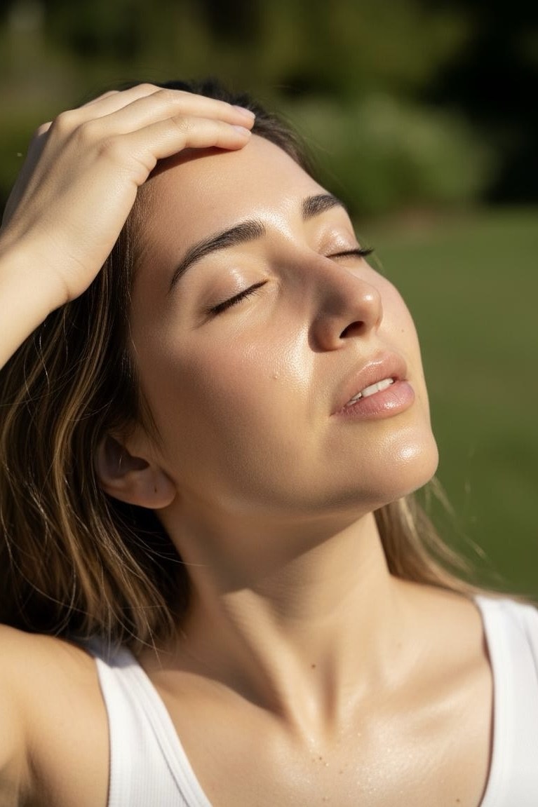 The founder of Glowth with her eyes closed and her face lifted to the sun